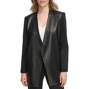 Calvin Klein Faux Leather Open Front Blazer 10 NWT Black Mixed Media Modern